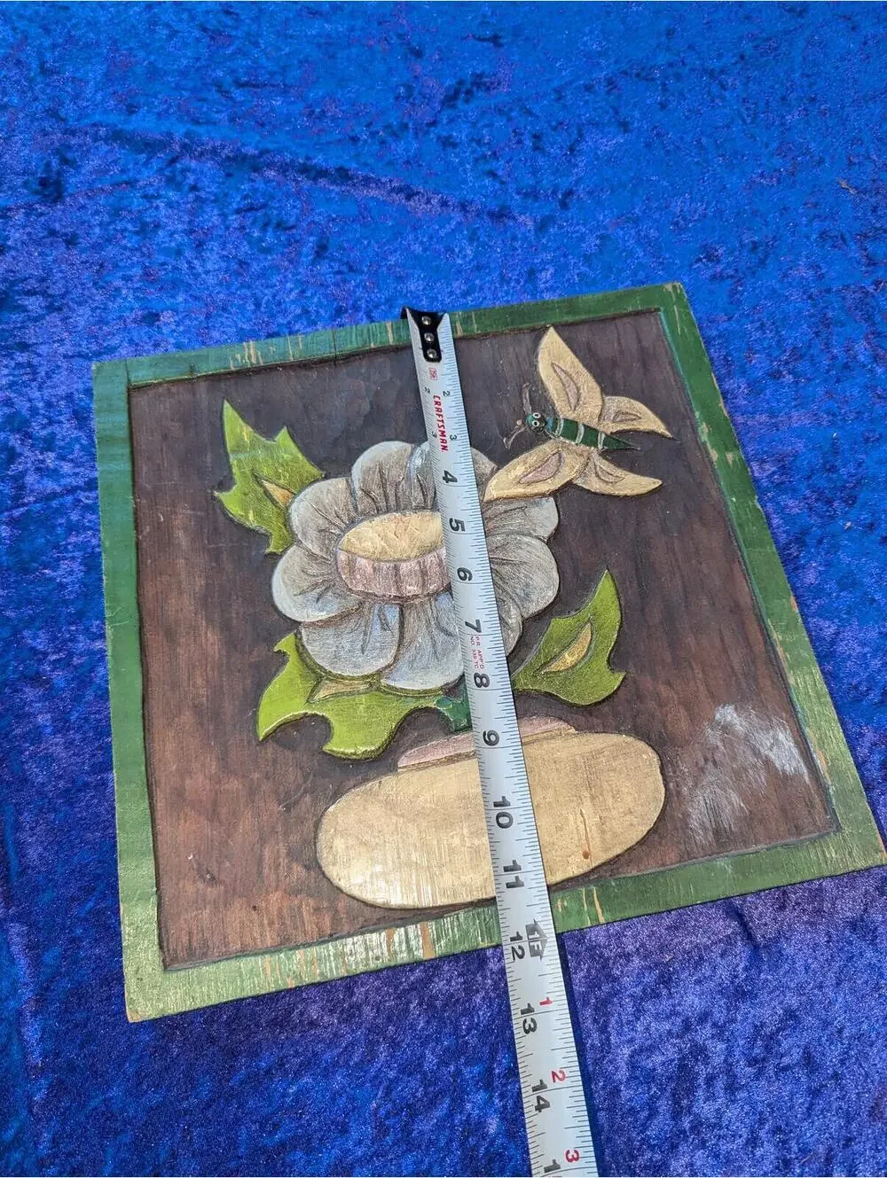 Hand-Carved Wooden Wall Art Plaque with Floral and Butterfly Design